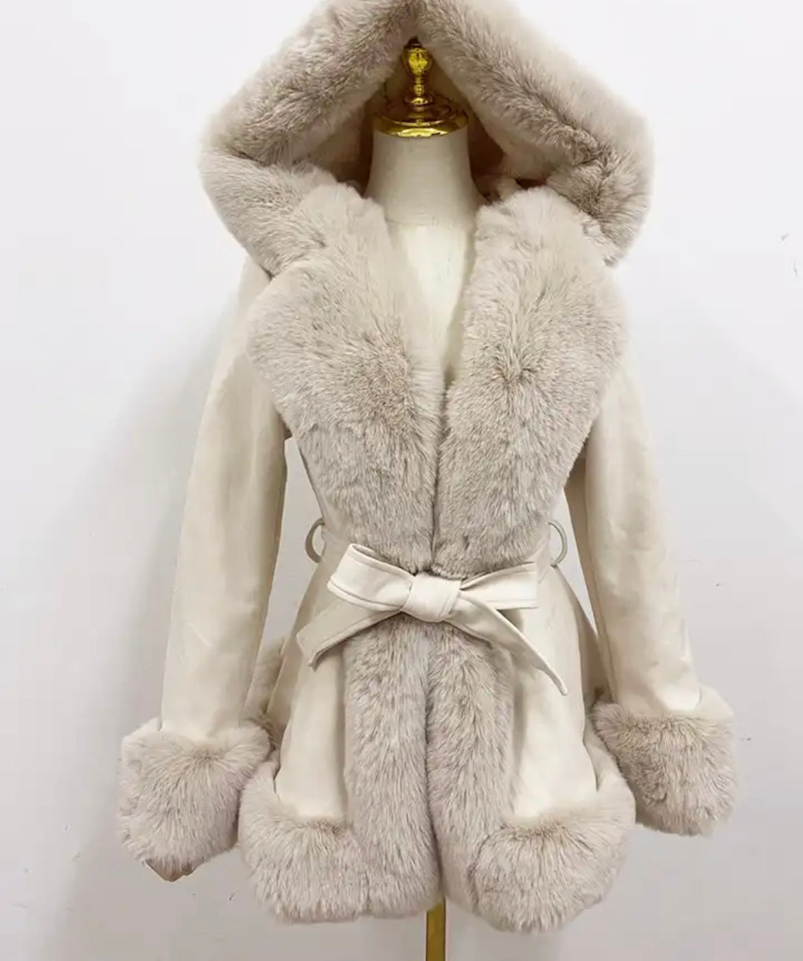 Hooded Belted Faux Fur Jackets