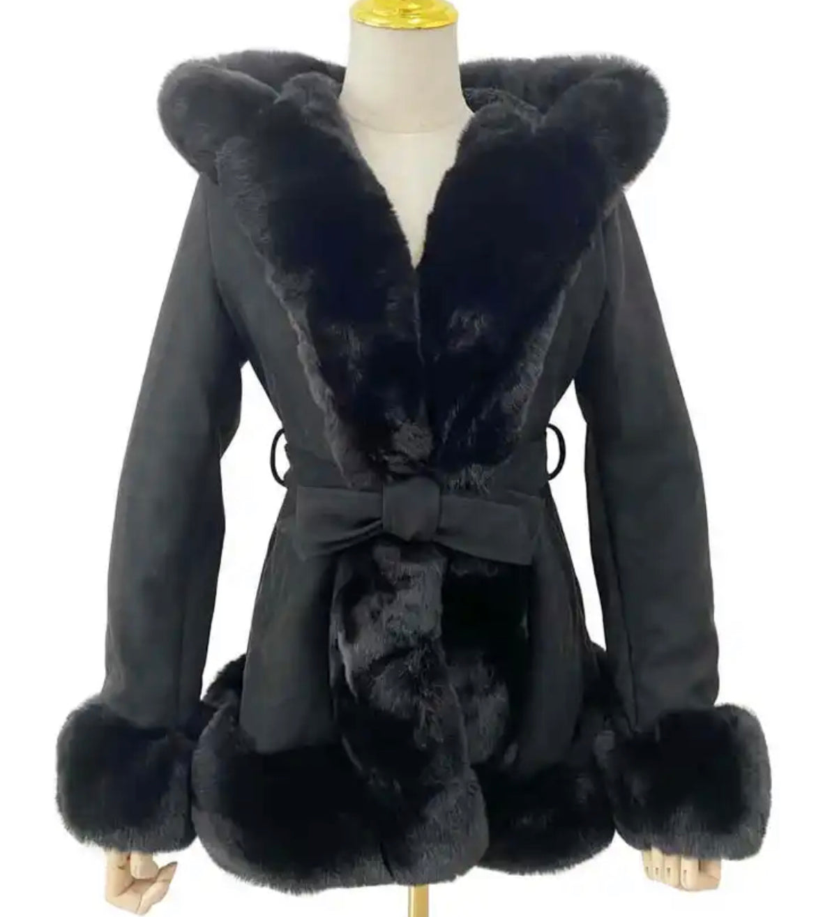 Hooded Belted Faux Fur Jackets