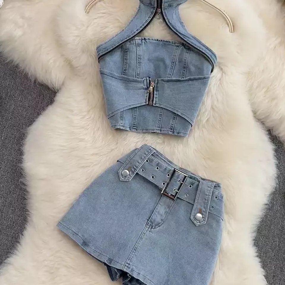 Denim Backless Skort Set