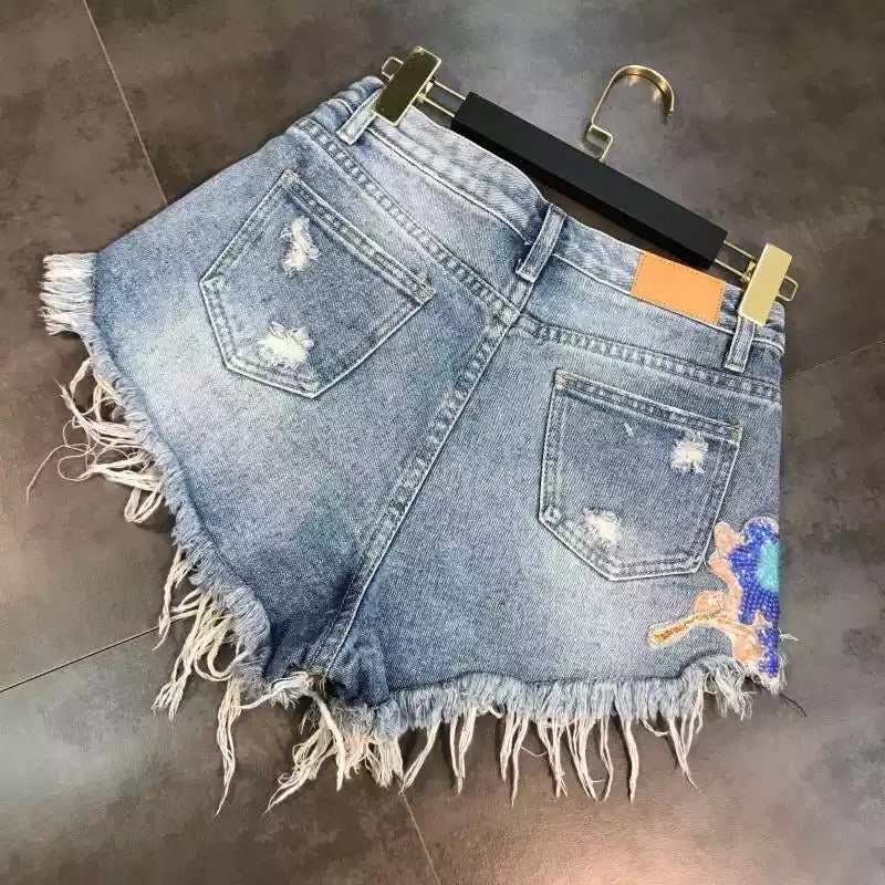 Embroidery Sequin Design High Waist Denim Shorts