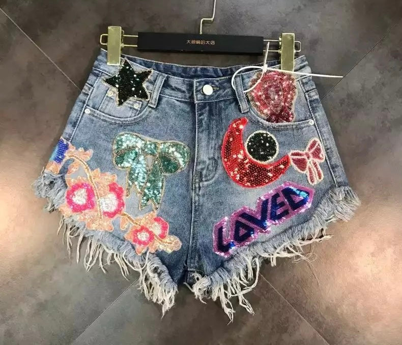 Embroidery Sequin Design High Waist Denim Shorts