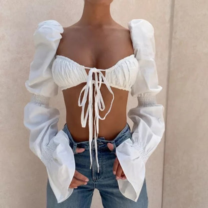 White Tie Up Front Puff Sleeve Crop Top