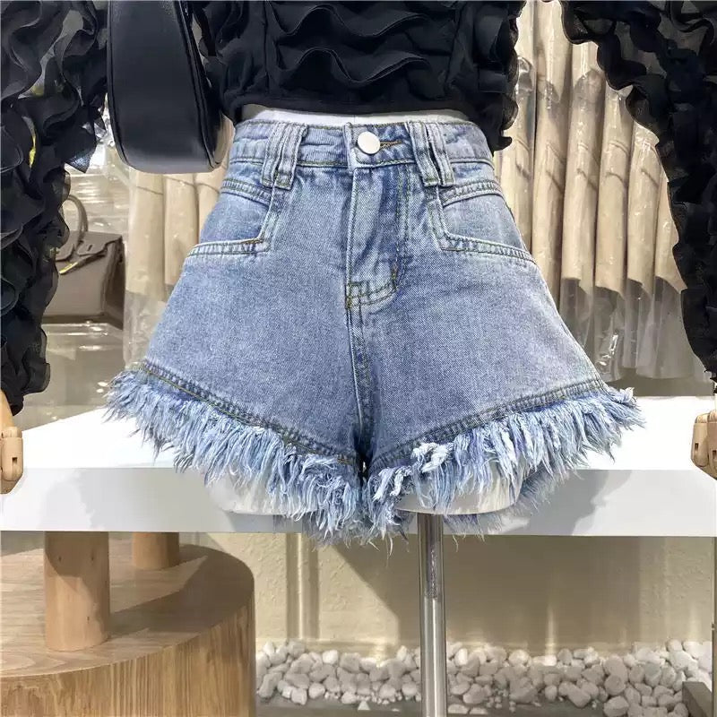 High Waisted Frayed Denim Shorts